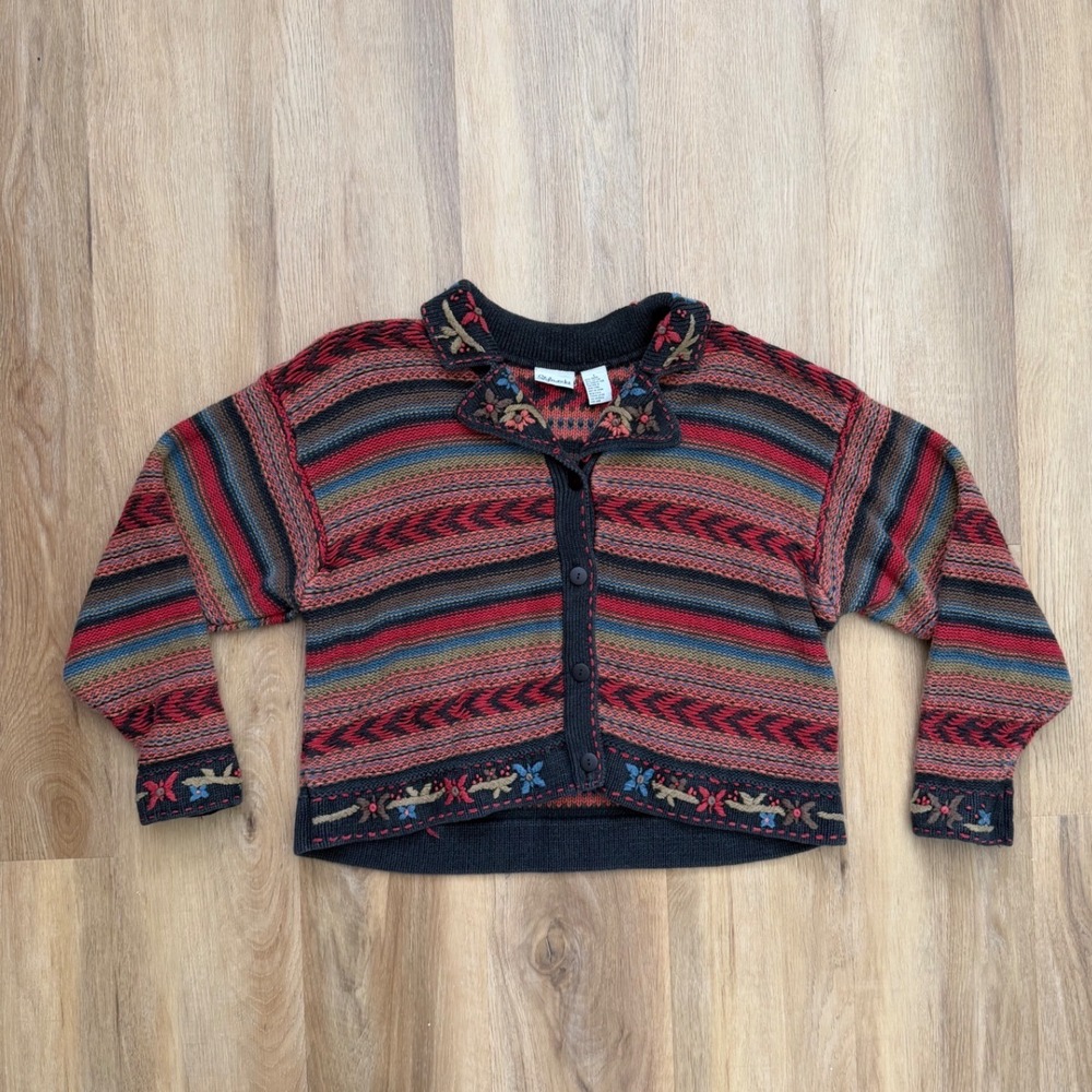 Vintage Embroidered Floral Striped Cardigan Sweater L Boho western hippie granny